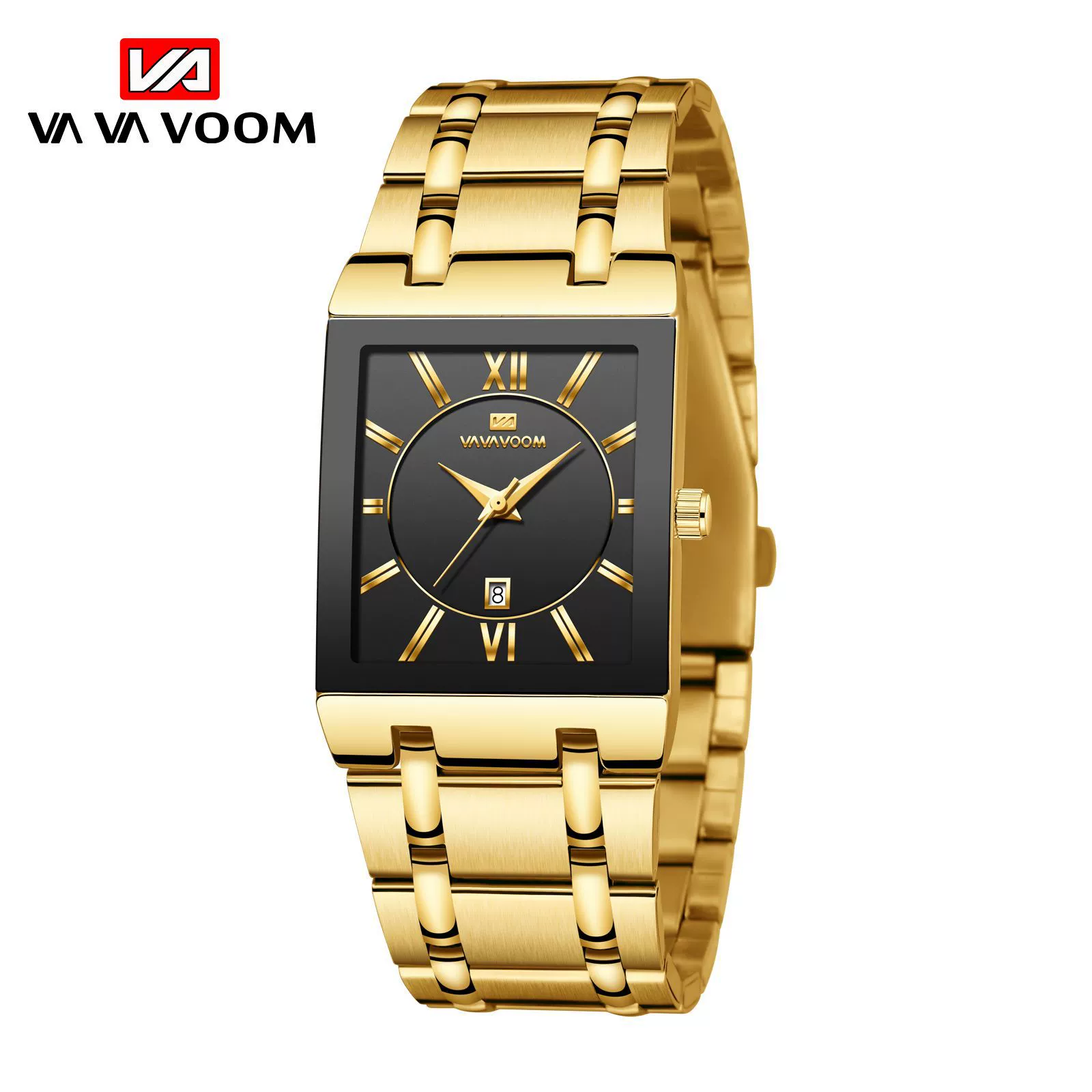 (Cross-border trading), rectangular steel belt stainless steel, golden watch, quartz calendar, waterproof dial, wholesale