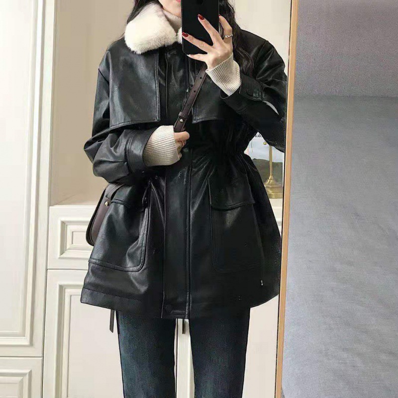 Spring and Autumn other leather jacket coat women's imitation motorcycle clothing loose high-grade fleece-lined thickened waist-tight parka acrylic