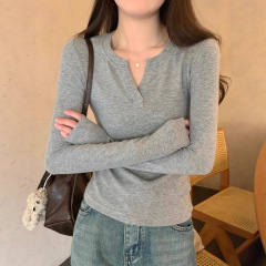 半开领长袖T恤女修身韩系2025早秋高级感穿搭v领内搭短款打底上衣