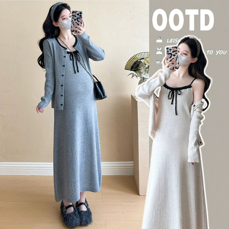 Демисезонное модное вязаное платье для беременных, slip dress, кардиган, яркий запоминающийся стиль, облегающий