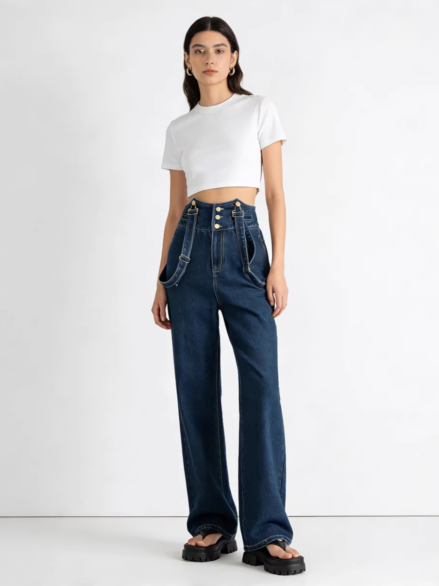 Yếm quần nữ denim ống rộng phong cách Hàn Quốc — xanh lam