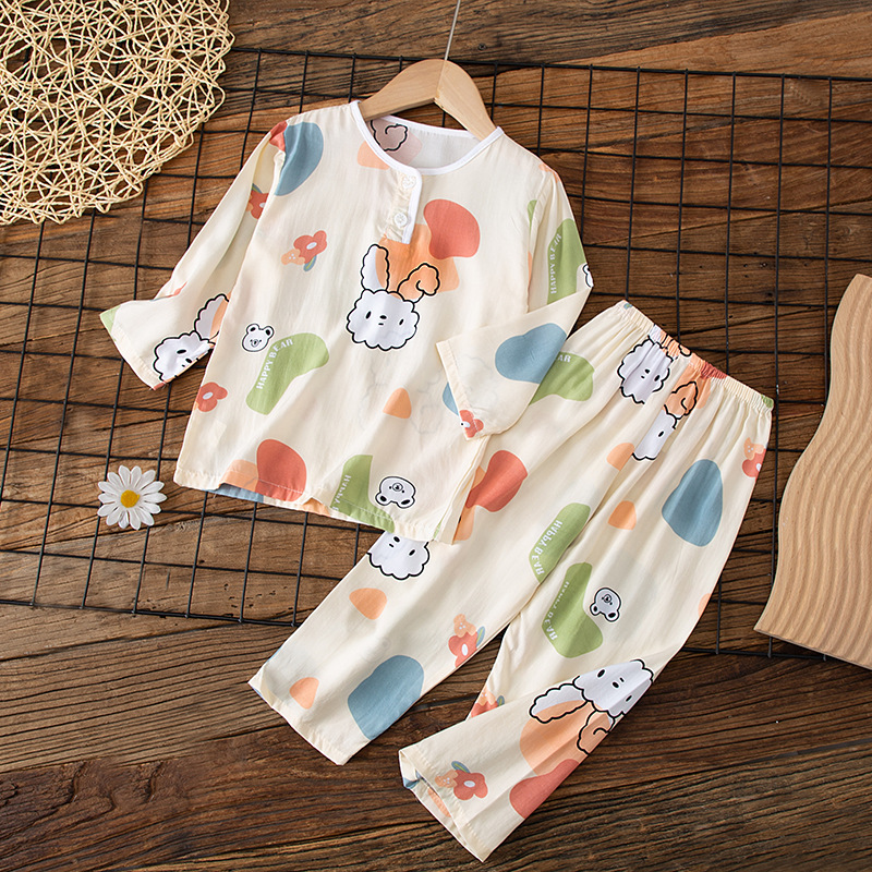 Summer Kidsren's Cotton Silk Long-Sleeved Pajamas Category a Cartoon Boys and Girls Baby Middle and Large Kidsren Cotton Silk Home Clothes Set Thin