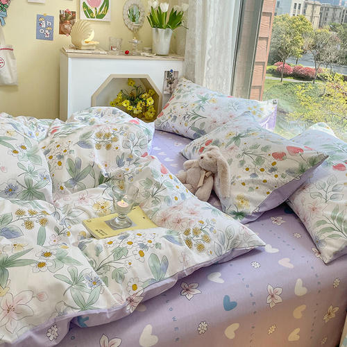 Simple cotton four-piece set, small floral 60-count cotton three-piece set, sheet quilt cover, fitted sheet bedding wholesale