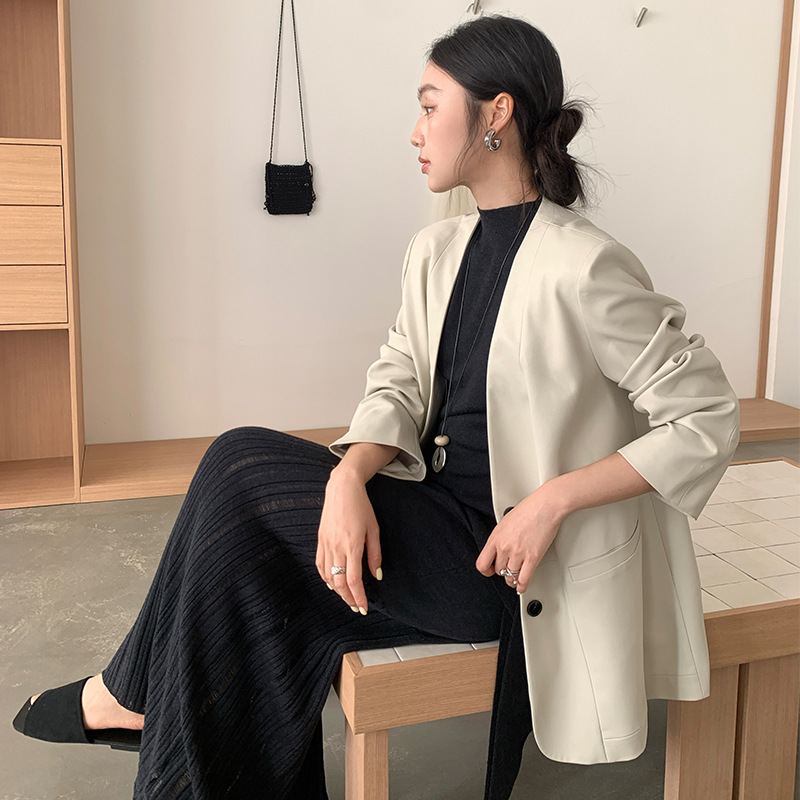 Fone Jianhe 2026 Spring New Style High-End Loose Fashion V-Neck Leather Blazer for Women 59250