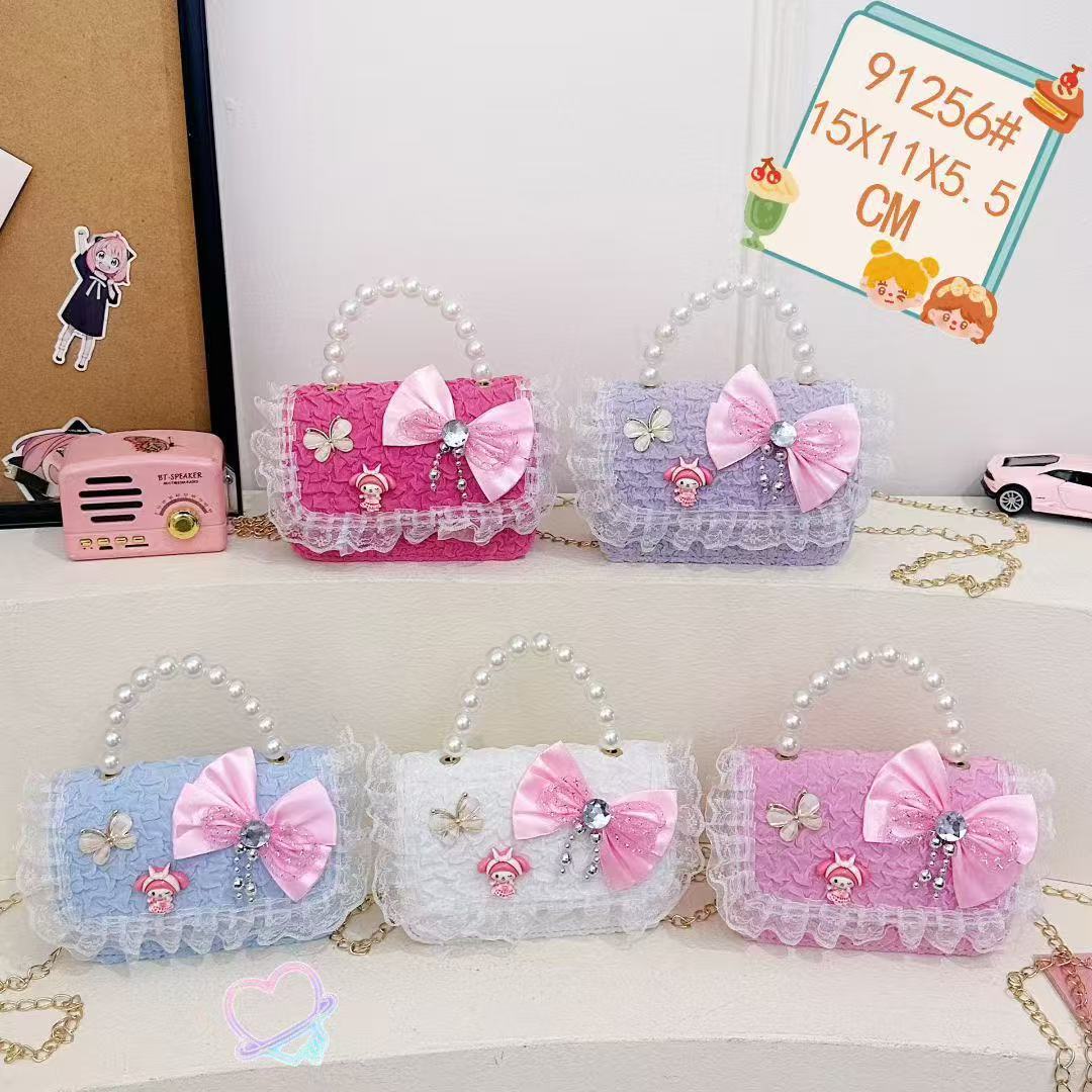 Bagos de perlas de niñas, arco de encaje de arco de princesa, bolsos de hombro de nueva cadena, bolsos para niños