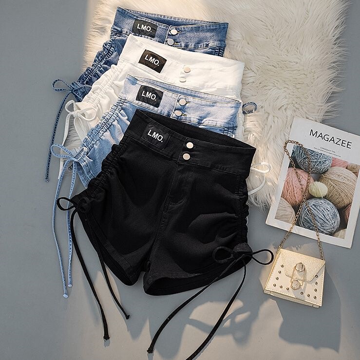 Drawstring Denim Shorts for Women, Summer High-Waisted Slimming Hip-Hugging American Casual Style, Super Short Hot Pants for Girls