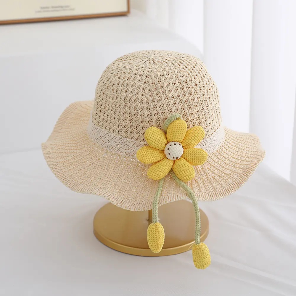 Sombrero de paja para niños, niños y niñas, sombrilla, sombrero de pescador, viento de princesa de verano, sombrero de sol, sombrero de paja de playa con lazo de flores