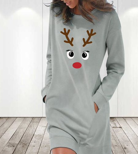  Amazon Autumn/Winter New Merry Christmas Print Loose Round Neck Drop Shoulder Long Sleeve Dress