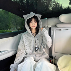 原创美式复古爪爪猫咪满印连帽开衫情侣休闲帽衫外套