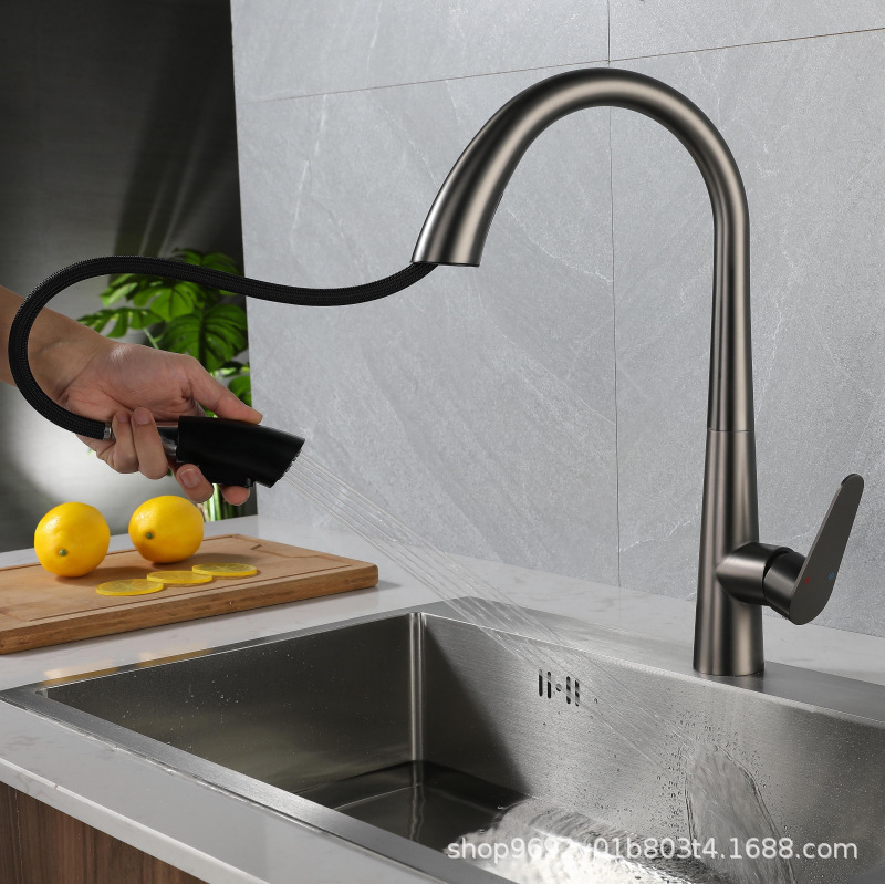 Stainless Steel Swan Gun Gray Pull-Out Kitchen Faucet Hot and Cold Sink Laundry Sink Faucet Bathroom