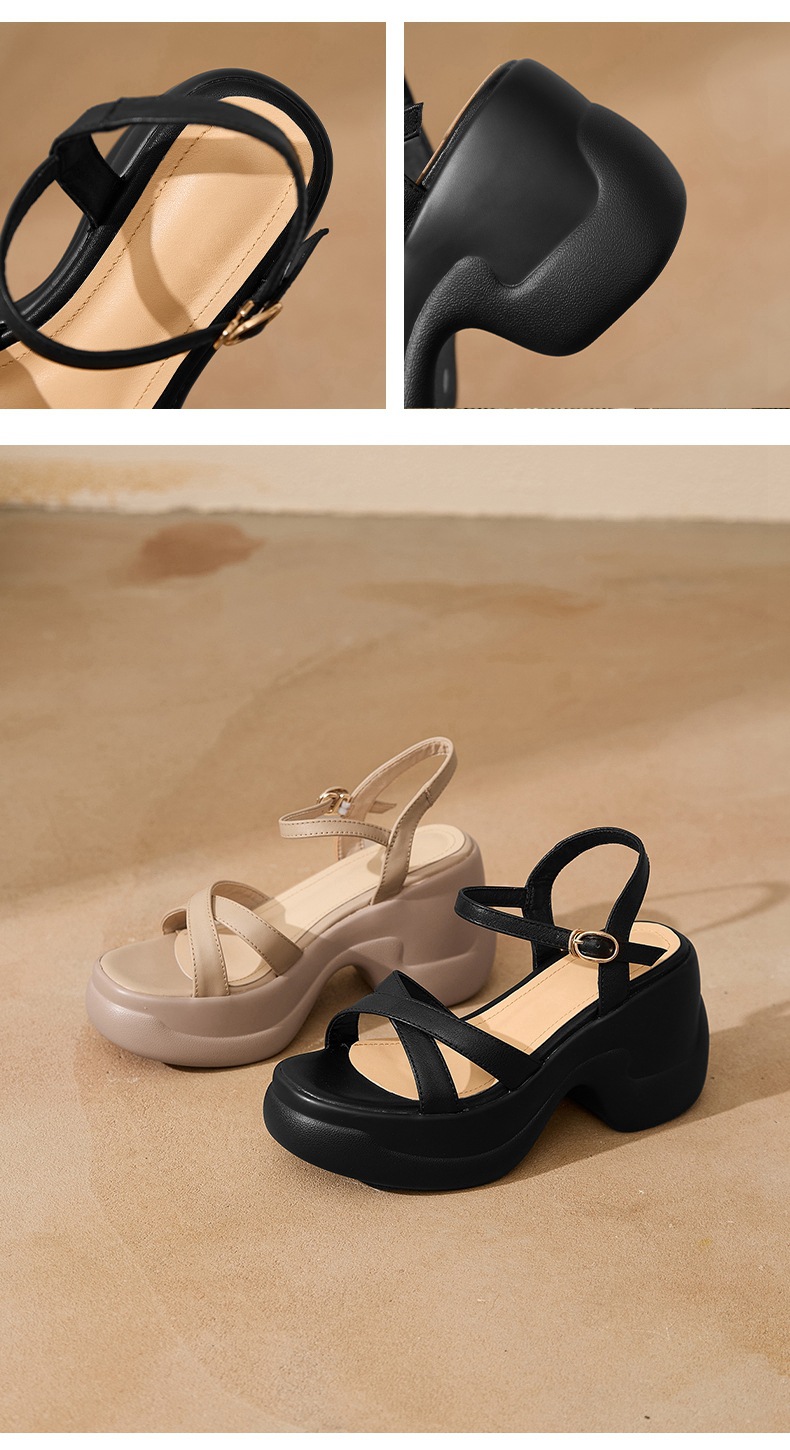 Sandal cao gót nữ hở mũi đế xuồng da bò, quai ngang đi làm — đen chi tiết 9