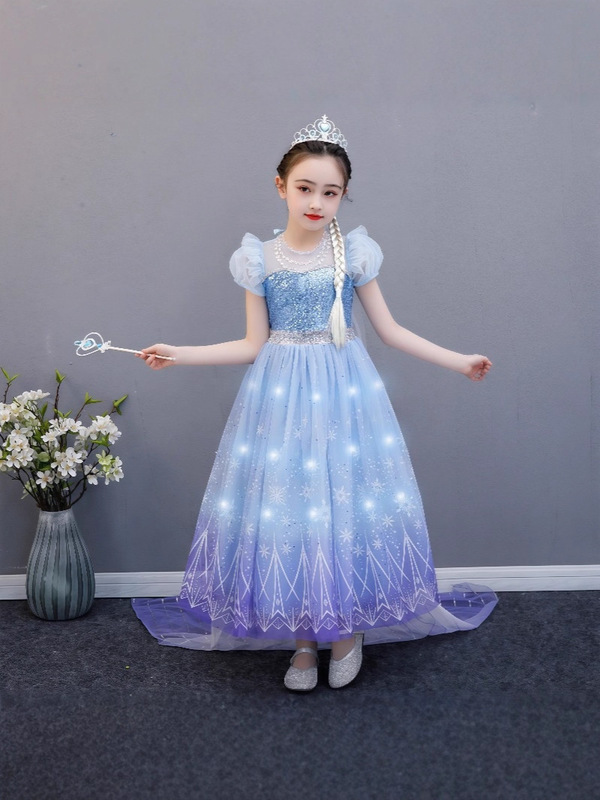 女の子用光るロングドレス アナと雪の女王 エルサ プリンセスドレス パフスリーブワンピース 取り外し可能なフロア丈のトレーン付き子供ドレス|undefined