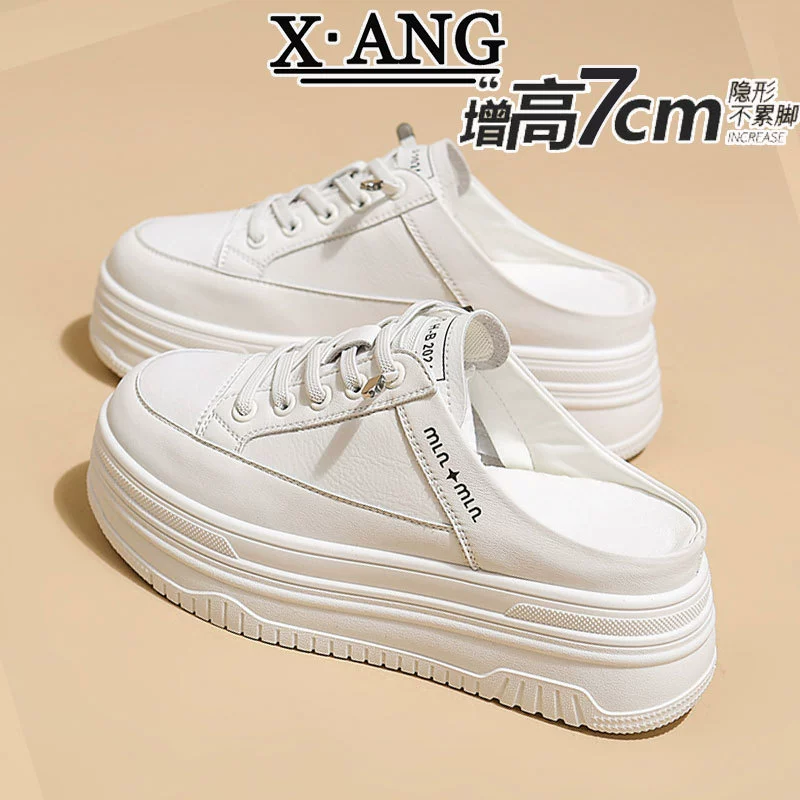 Кожаная внутренняя увеличена женская обувь с толстой подошвой без каблуков маленькая белая обувь ленивая обувь весна и лето 2025 новая половина тапочек