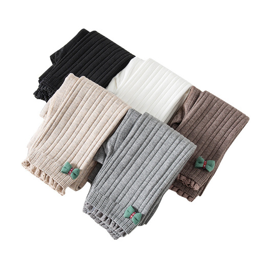 Green bowknot children's leggings, wear spring and autumn girls 'velvet cotton pants, thick winter warm pants