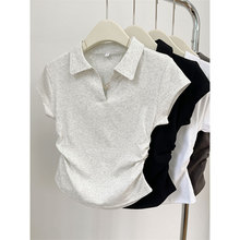 夏季纯棉修身显瘦正肩t恤女短袖设计感不规则褶皱短款Polo衫上衣