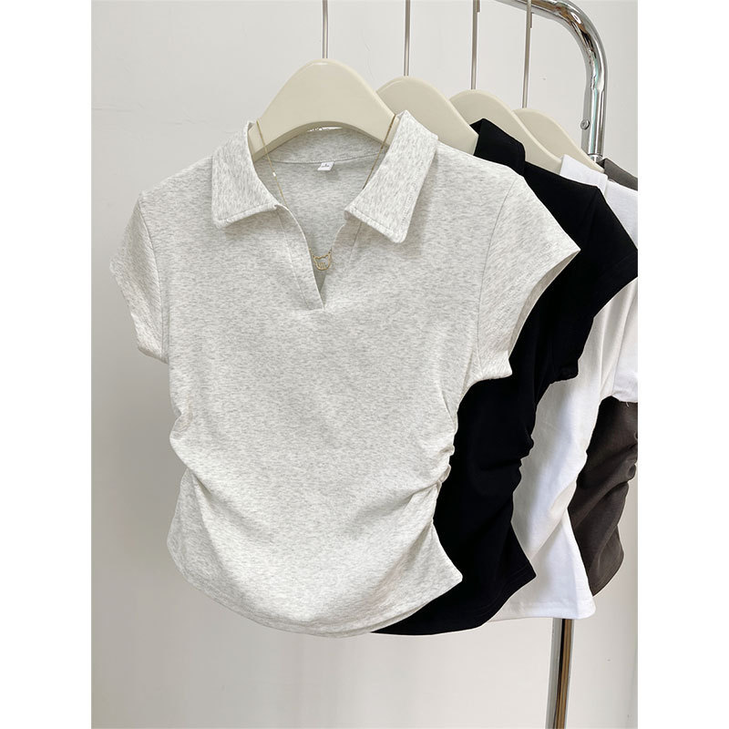 Summer Pure Cotton Slim Fit Right Shoulder T-Shirt Women's Short-Sleeved Design Asymmetrical Pleated Short Polo Shirt Top