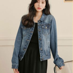 Right Shoulder Denim Jacket for Women 2024 Autum Versatile Retro Top Slim Slim Casual Long-Sleeved Preppy Style Cardigan