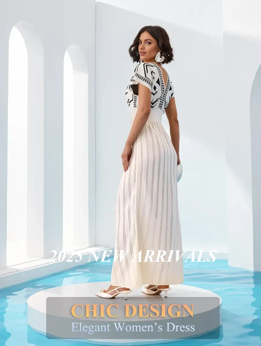 New Bohemian-Style Dress For Women-Summer V-Neckline With Fitted Waistline, Long Skirt For A Luxurious Vacation Vibe_ecoleips.com