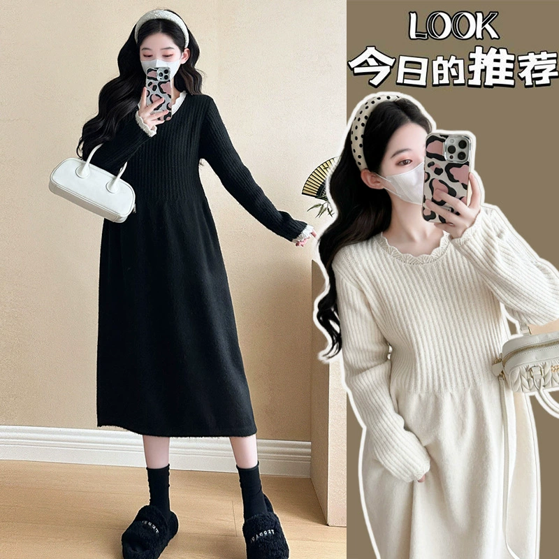Одежда для беременных осенью и зимой трикотажное платье с длинными рукавами 2024 новая корейская версия сладкого кружева сшивания тонкая нижняя юбка