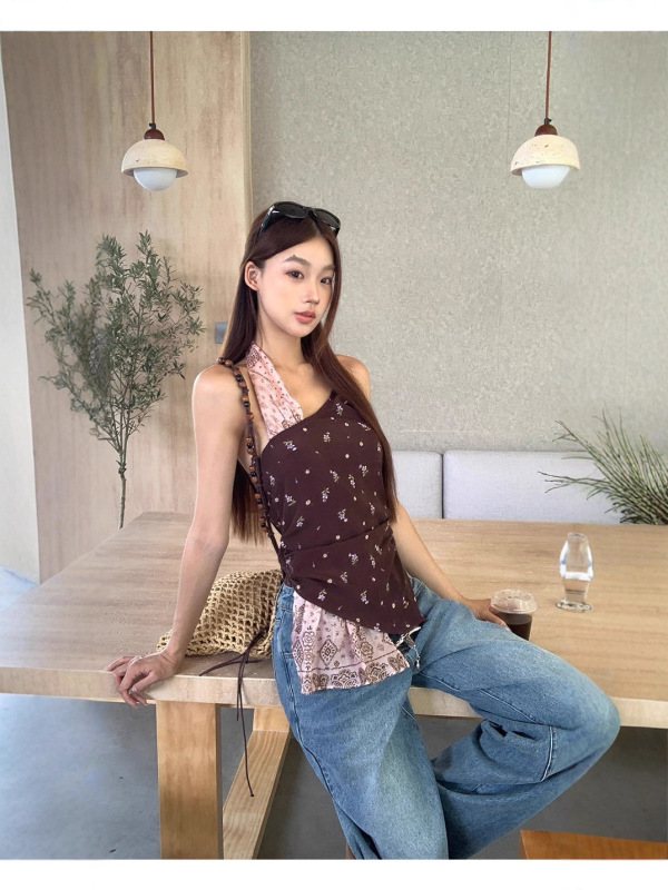法式露背碎花吊带背心女夏季外穿2025新款设计感小众无袖挂脖上衣|undefined
