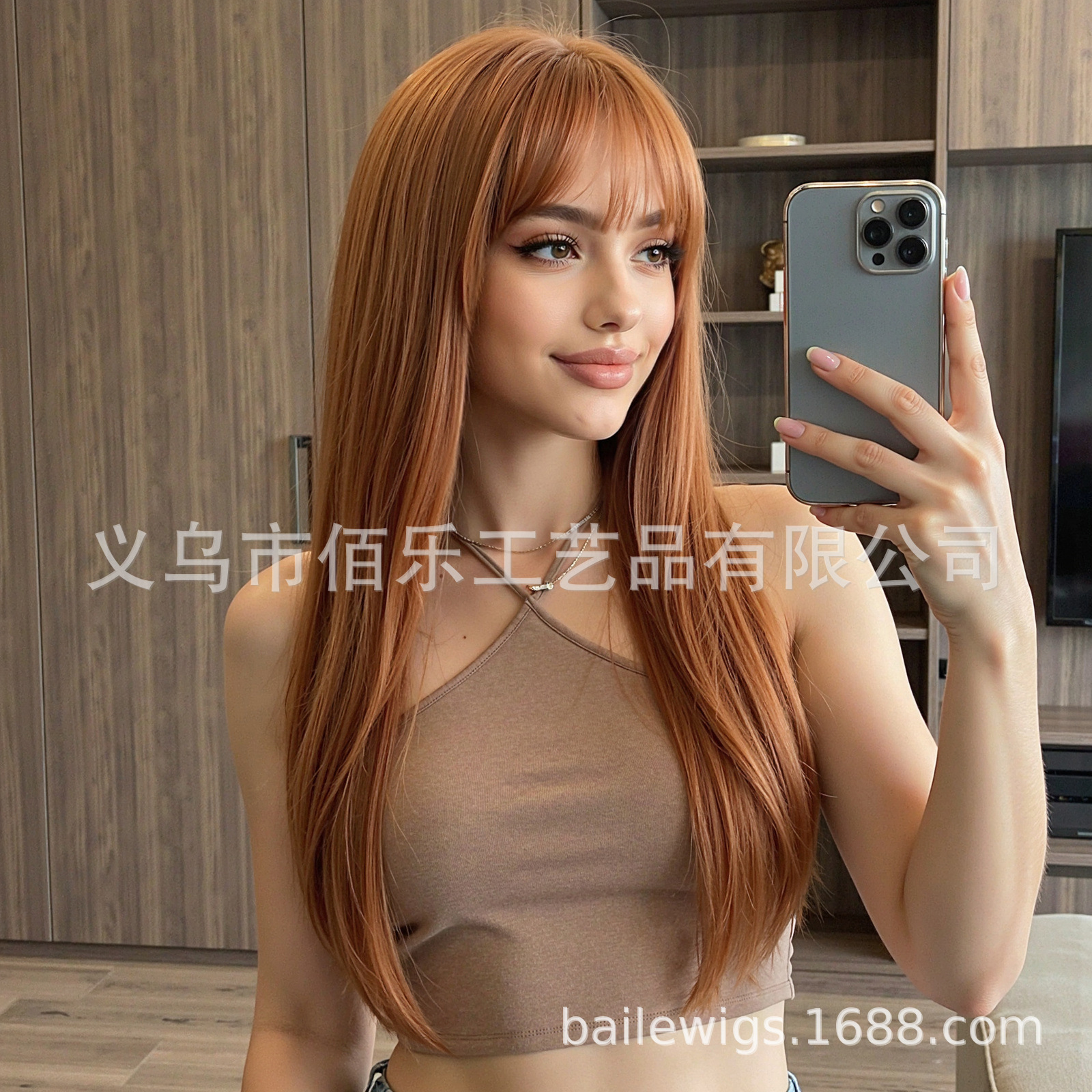 Perruca de cabello largo recto para mujer toque naranja marrón Qi Liuhai peluca Xuchang wig