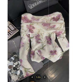 一字肩印花针织衫女法式气质甜辣风春季新款软糯露肩百搭打底上衣