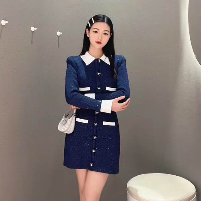 Sp23 Autumn and Winter Navy Blue Socialite Preppy Style Cardigan Jacket + A-Line Skirt Fashion Suit 230293