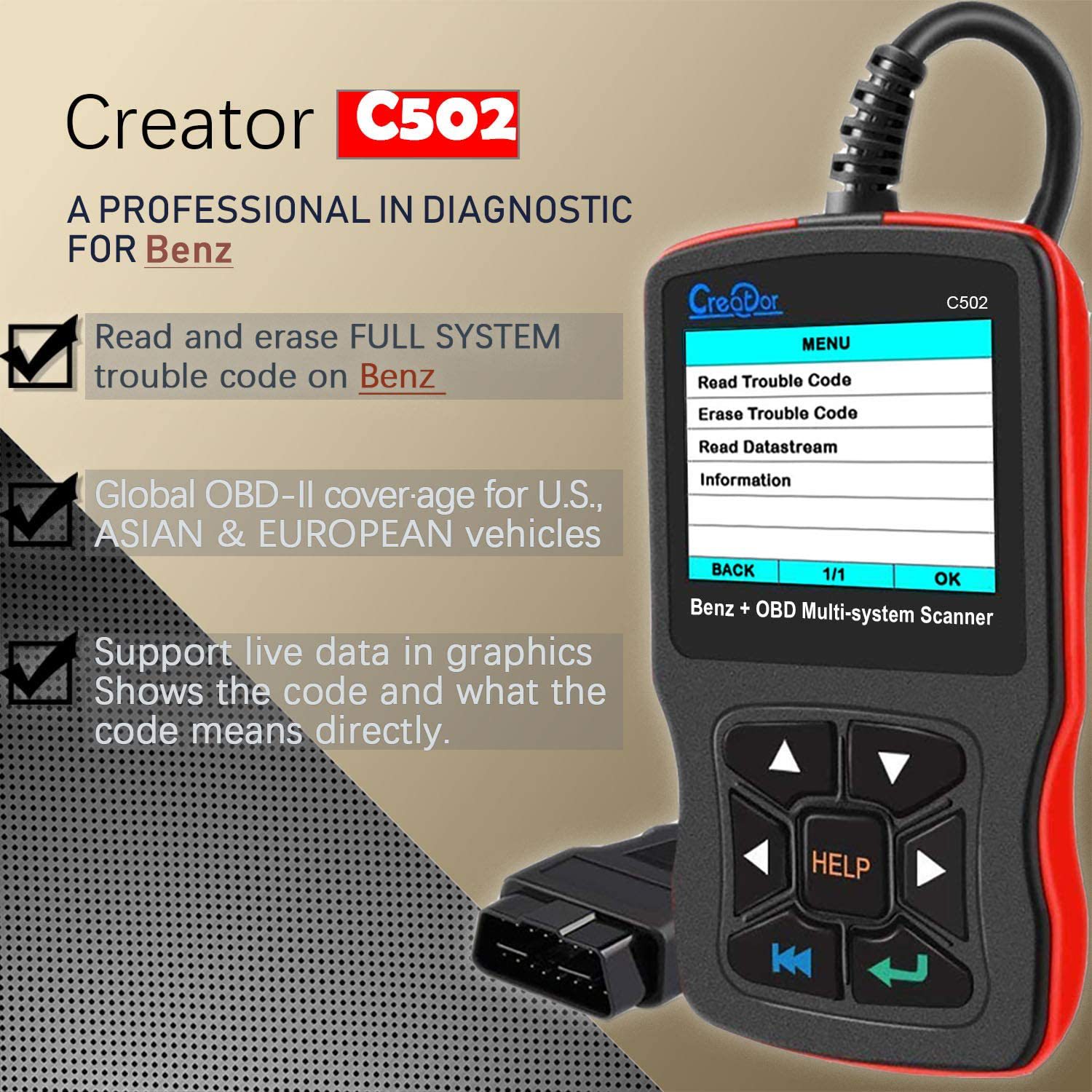 Creator C502 Benz & OBDII/EOBD SCANNER Genuine Automotive Fault Detection and Diagnostic Device