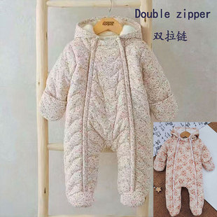 New Newborn Thickeneded Clothes Double Zipper Baby Hooded Jumpsuit Warm Baby Outing Clothes Sweet Rompers