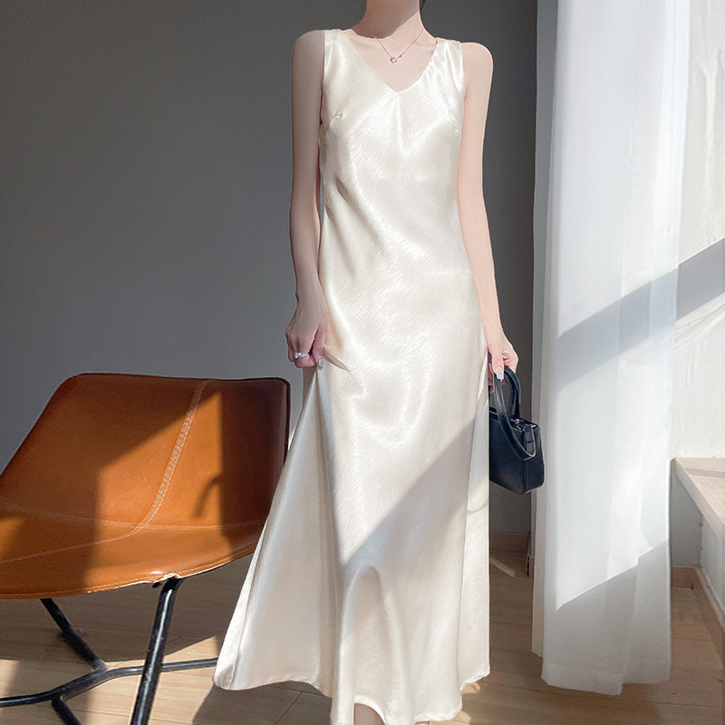 High-end Elegant New Satin Strap dress Women's Summer New Gold-plated Glossy Long Dress Draped Strap Dress