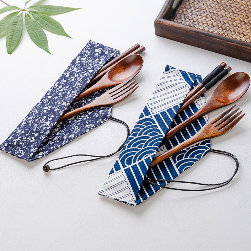Japanese Internet celebrity Western food gift tableware wooden spoon new thread-wrapped chopsticks creative portable spoon, chopsticks and fork three-piece set