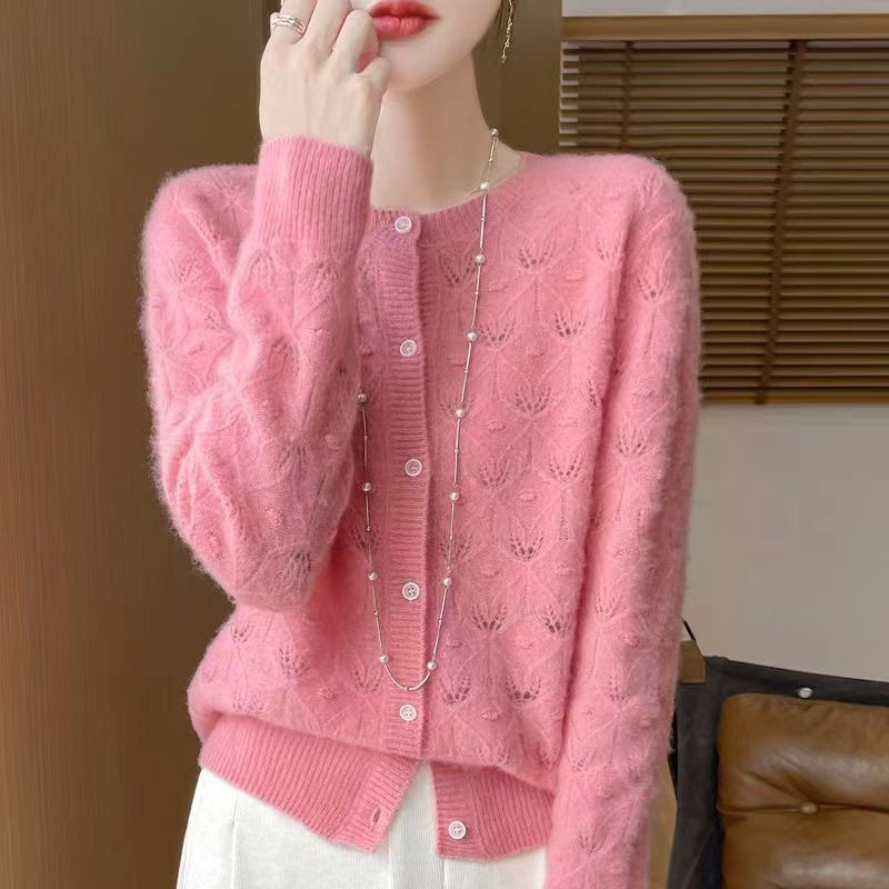 New Autumn and Winter Andy Velvet Solid Color Knitted Cardigan, Women's Round Neck Hollow Jacquard Retro Sweater, Long-Sleeved Knitwear