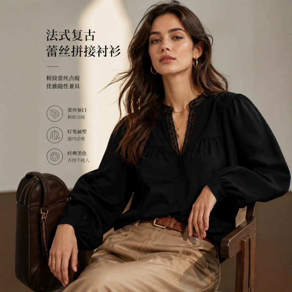 欧美跨境爆款蕾丝边V领缎面衬衫女灯笼袖通勤显瘦气质长袖上衣