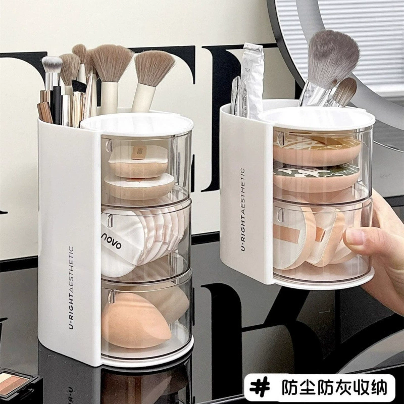 Cosmetic Storage Box, 3-Tier Sponge Organizer with Brush Holder, compact makeup system