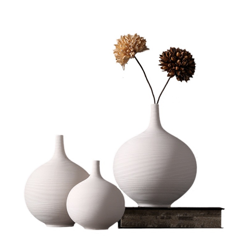 Jarrón de cerámica blanca nórdica boca fina decoración redonda sala de estar arreglo de flores decoración de flores secas estilo silencioso decoración del arte