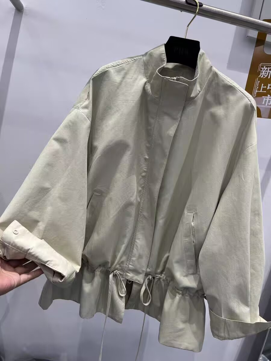 ng2510292 European Style 2026 Spring New Stand Collar Zipper Drawstring Fashionable Loose Casual Mid-Length Trench Coat Women's_ecoleips.com