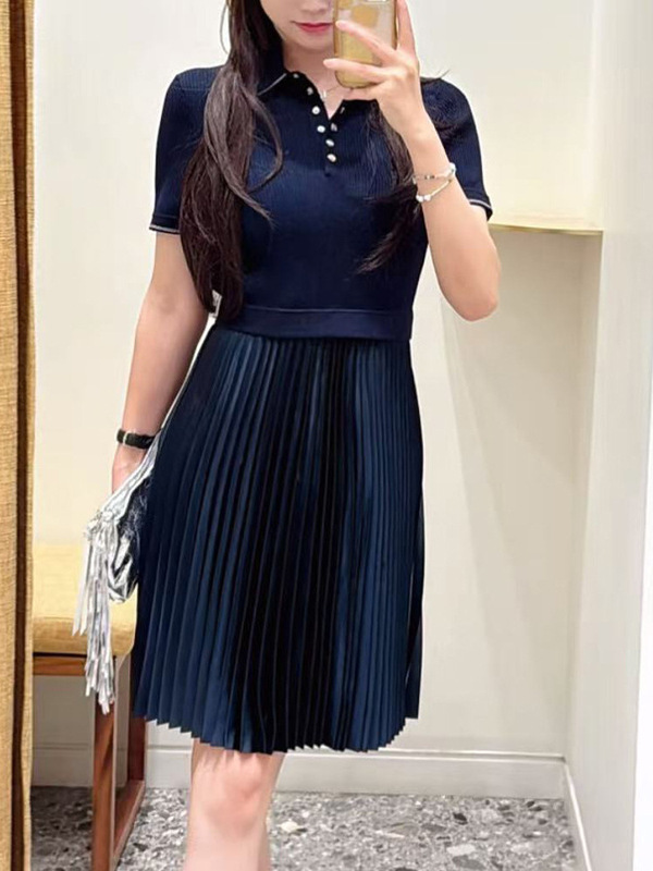M家优雅气质高端女装25秋季法百褶修身显瘦Polo领短袖针织连衣裙|undefined