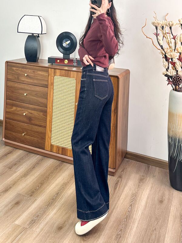佳伟2025年秋季高腰筒喇牛仔裤丹宁蓝长裤女环边绣花设计牛仔裤|undefined