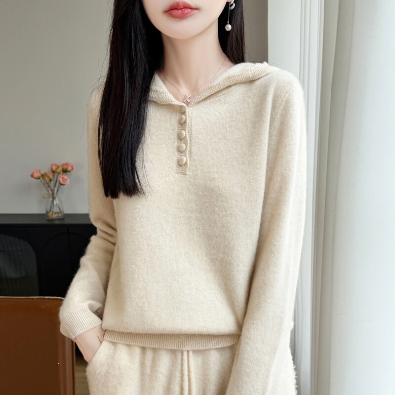 100% wool autumn and winter new hooded knit sweater, long-sleeved, buttoned, thickened, slimming, ribbed bottom