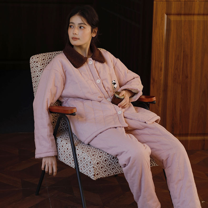 Winter New Three-Layer Quilted Women's Panda Embroidered Pocket Thickened Lapel Cardigan Loose Outer Wear