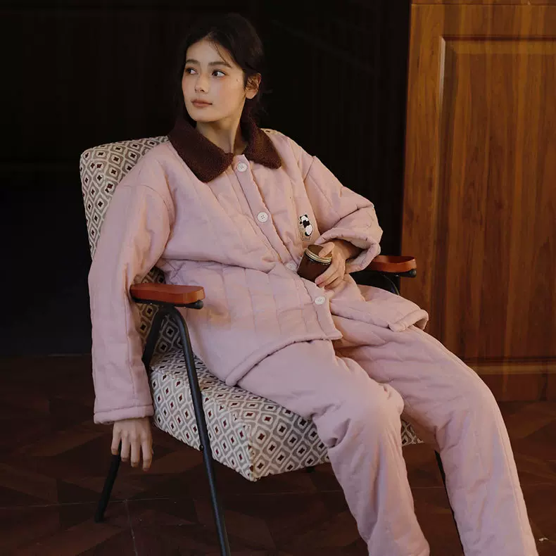 冬款新款三层夹棉女士熊猫刺绣口袋加厚翻领开衫宽松家居服可外穿