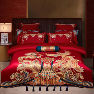 140S Xinjiang Long-Staple Cotton Wedding Four-Piece Set Red Dragon and Phoenix Pure Cotton Wedding Quilt Wedding Bedding Six Pieces