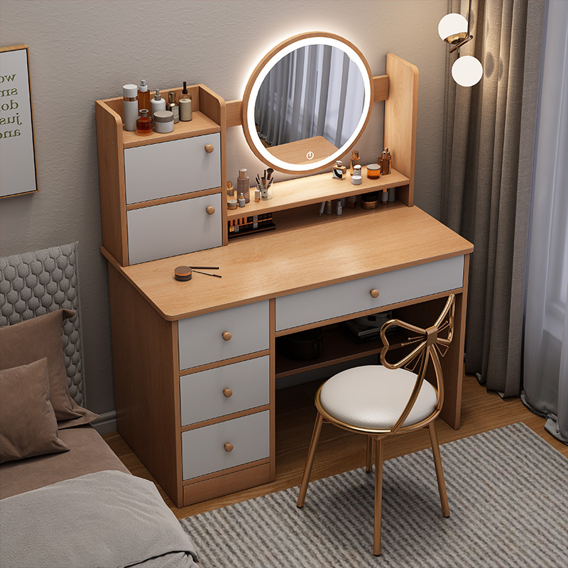 Tocador Dormitorio Armario de almacenamiento de maquillaje minimalista moderno Escritorio integrado Apartamento pequeño Dormitorio principal Espejo de maquillaje estilo ins
