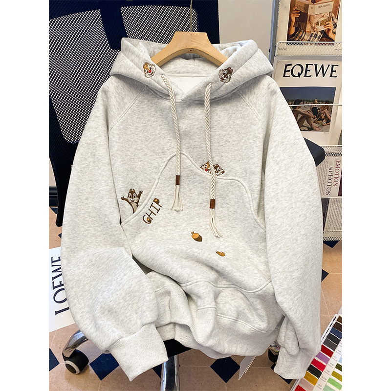 Korean Style Cartoon Embroidered Hooded Sweatshirt for Women in Spring, Autumn and Winter Fleece-Lined and Thickeneded Loose Lazy Style High-End Gray Jacket