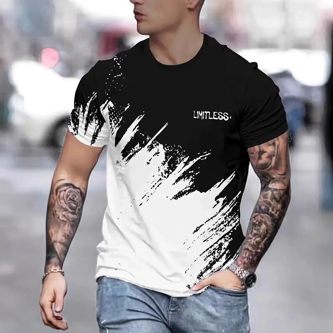 Personalidad calle alta color de contraste lema estampado 3D hombre verano casual todo fósforo ancho ancho hombro recto camiseta de cuello redondo de manga corta