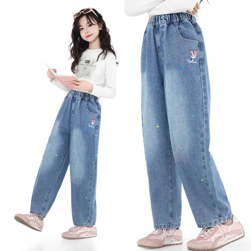Judy Girls' New Spring and Autumn Straight-Leg Long Pants, Embroidered Soft Loose Jeans for Girls in Spring Judy Girls' New Spring and Autumn Straight-Leg Long Pants, Embroidered Soft Loose Jeans for Girls in Spring