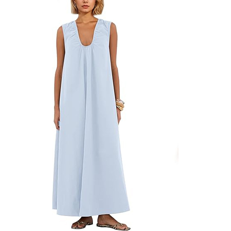 European and American Women's Casual Dress Sleeveless U-Neck Loose Long Skirt Pure Color Soft Beach Swing Skirt Amazon