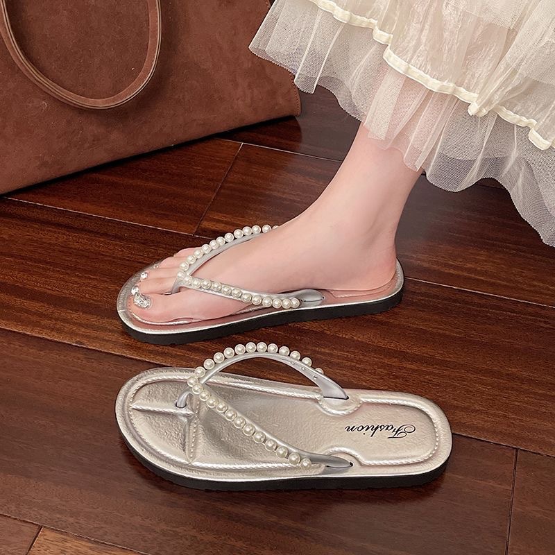 Pearl Flip-Flops For Women Summer Outdoor Toe Post French Low Heel Beach Roman Niche New Style Sandals_vogvips.com