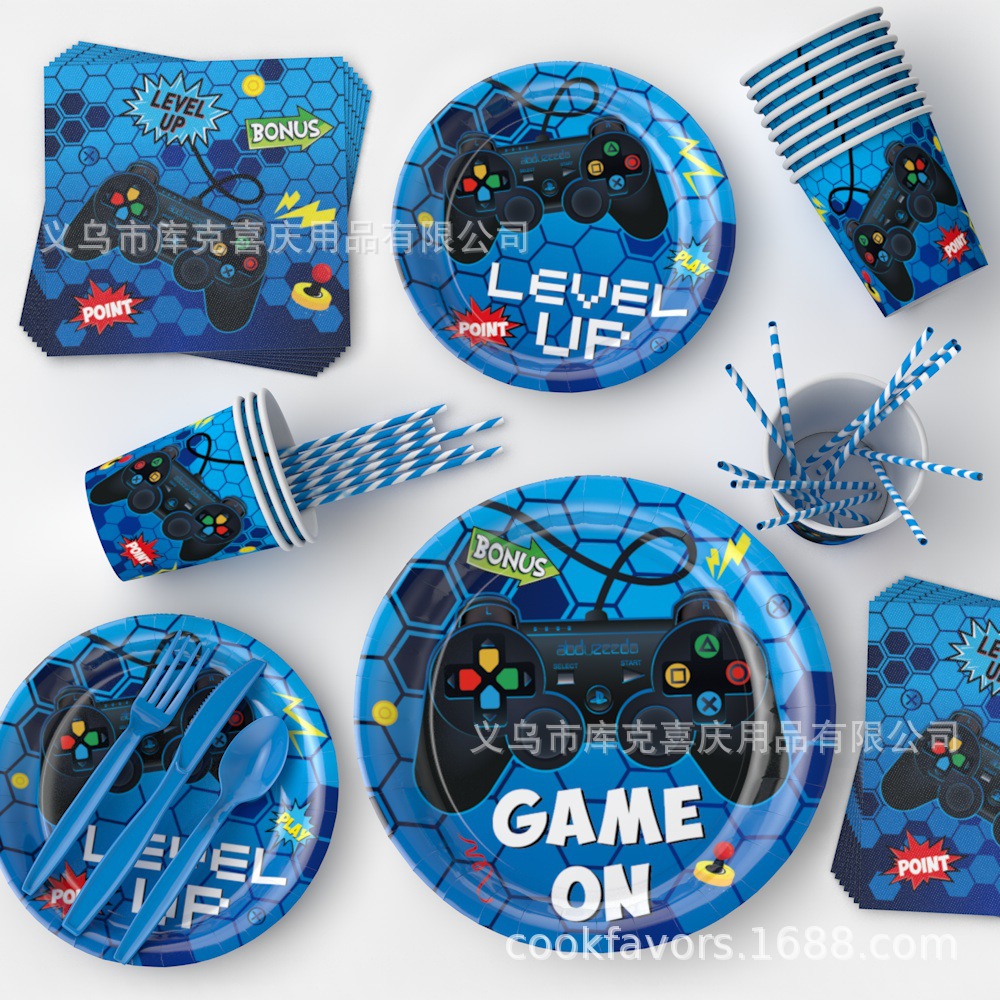 Nuevos juegos azules con tema de decoración de fiesta para niños cartón de cumpleaños tazas de papel con bandera de globo conjunto de decoración