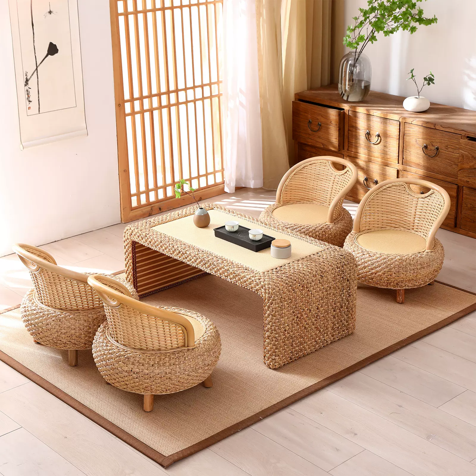 日式榻榻米飘窗桌藤编小茶几简约创意茶桌家用炕桌矮桌窗台小桌子